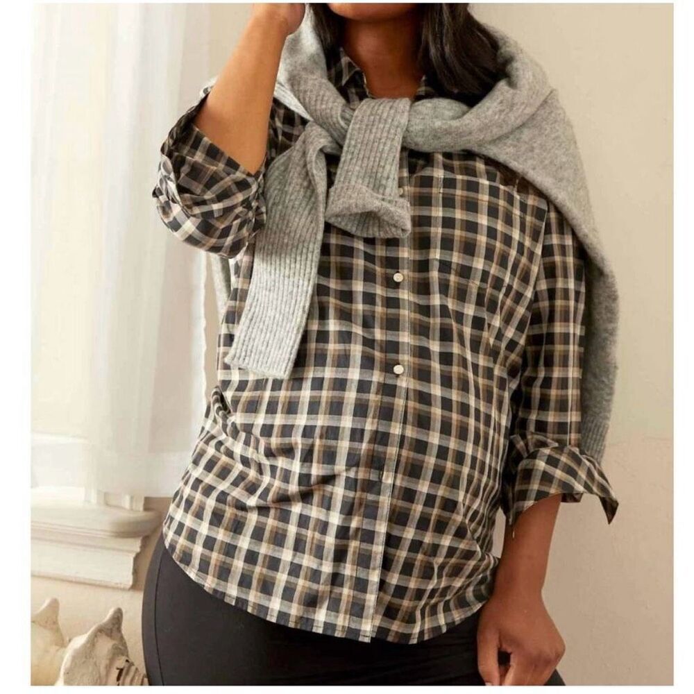 ✨HATCH boyfriend Sz 1/S shirt in black/brown plaid✨